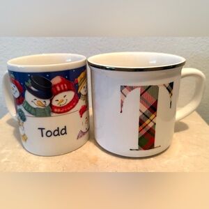 2 Mugs. Pottery Barn “T” mug (16oz) and “Todd” (14oz)
